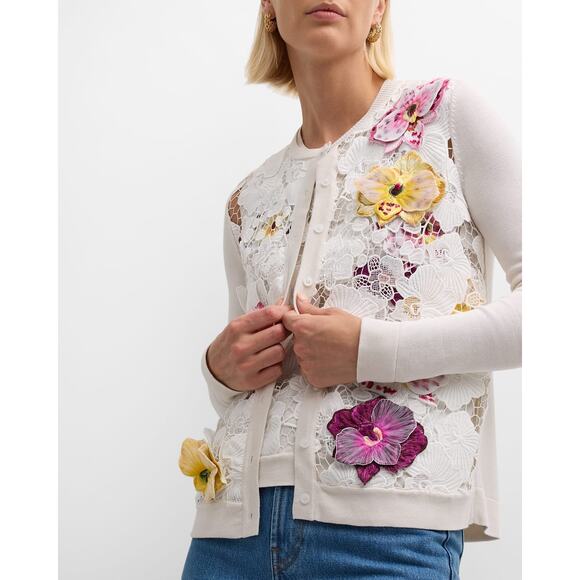Oscar de la Renta Sweaters - OSCAR DE LA RENTA Orchid Embroidered Lace Cardigan in White Multi M